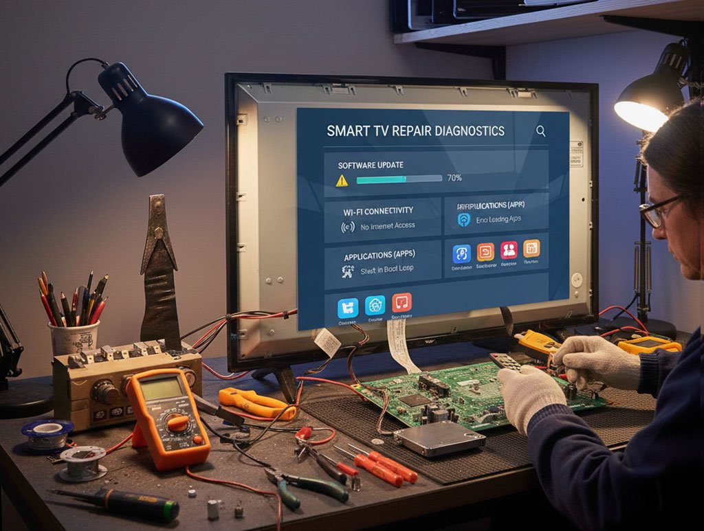 TV technician checking display